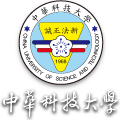 中華科技大學校徽，黃色圓底映襯誠實、公正、守法、創新的校訓。