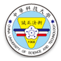中華科技大學校徽，黃色圓底映襯誠實、公正、守法、創新的校訓。